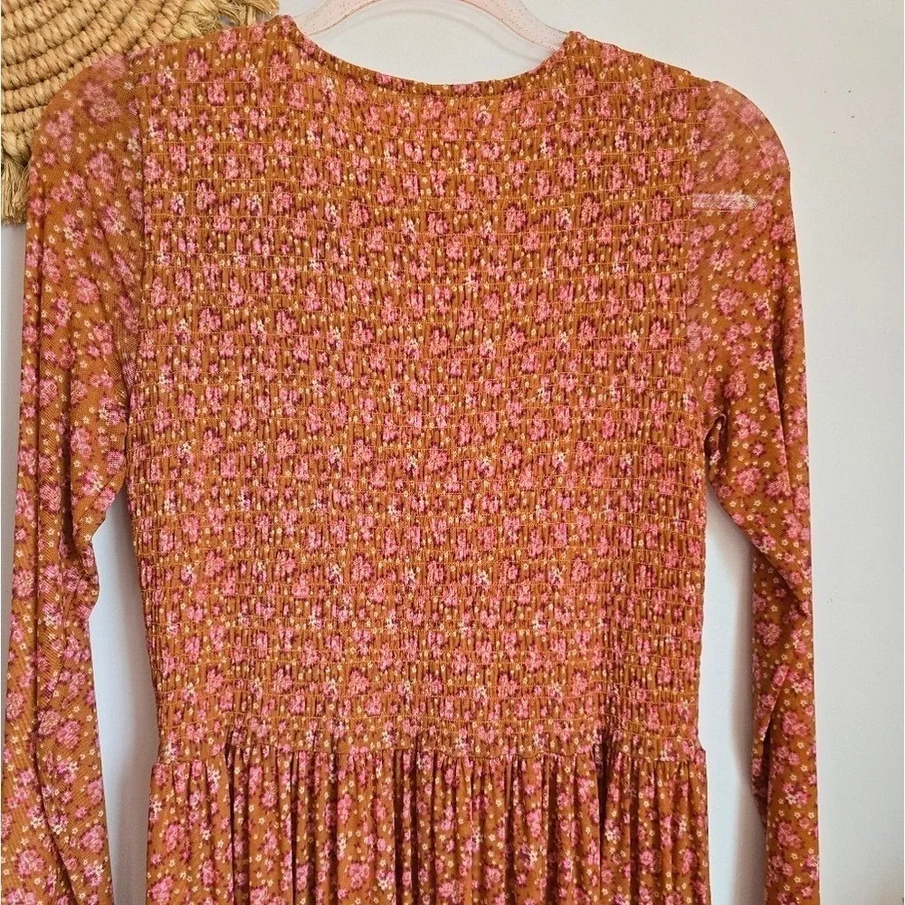 Free People Hello and Goodbye Orange Floral Mesh Smocked Midi Dress SZ Small
